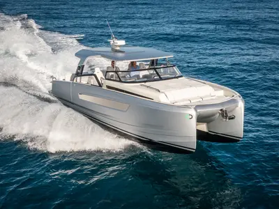 Exterior view of Premium, a Gulet Yot 36 catamaran at Capo d'Orlando, Italy