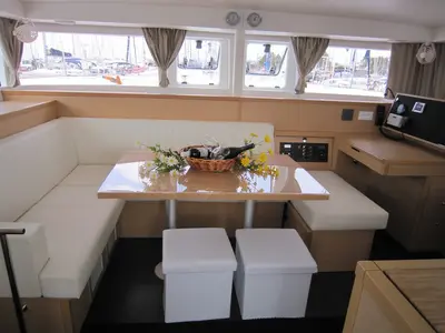 Salon of Emerald Seas, a Lagoon 400 S2 catamaran at Lavreotiki Municipal Unit, Greece