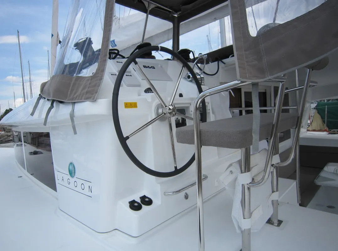 Cockpit of Emerald Seas, a Lagoon 400 S2 catamaran at Lavreotiki Municipal Unit, Greece