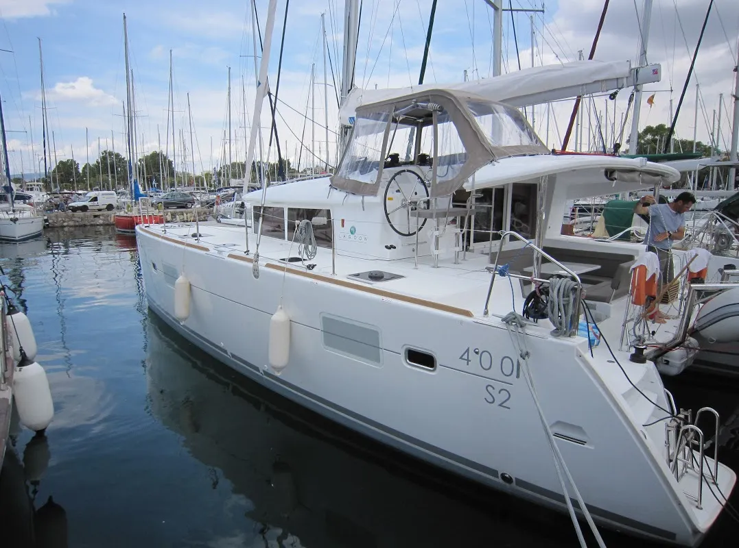 Exterior view of Emerald Seas, a Lagoon 400 S2 catamaran at Lavreotiki Municipal Unit, Greece