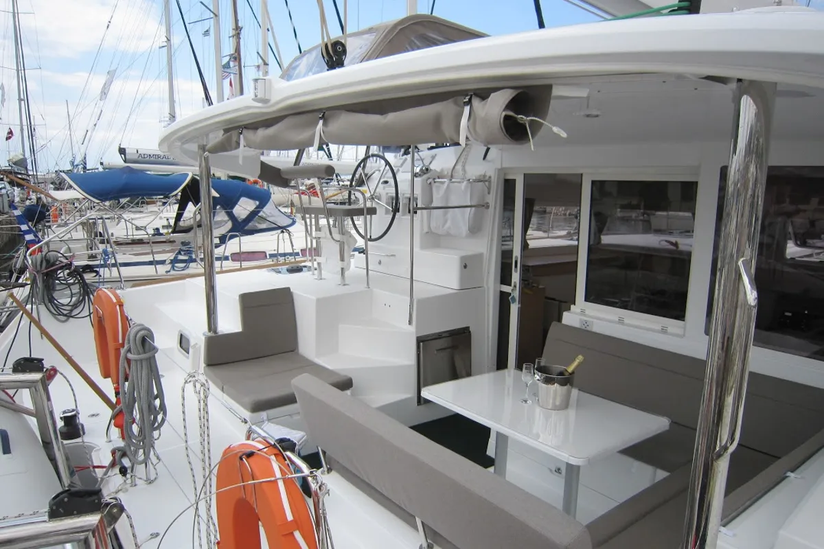 Deck of Emerald Seas, a Lagoon 400 S2 catamaran at Lavreotiki Municipal Unit, Greece