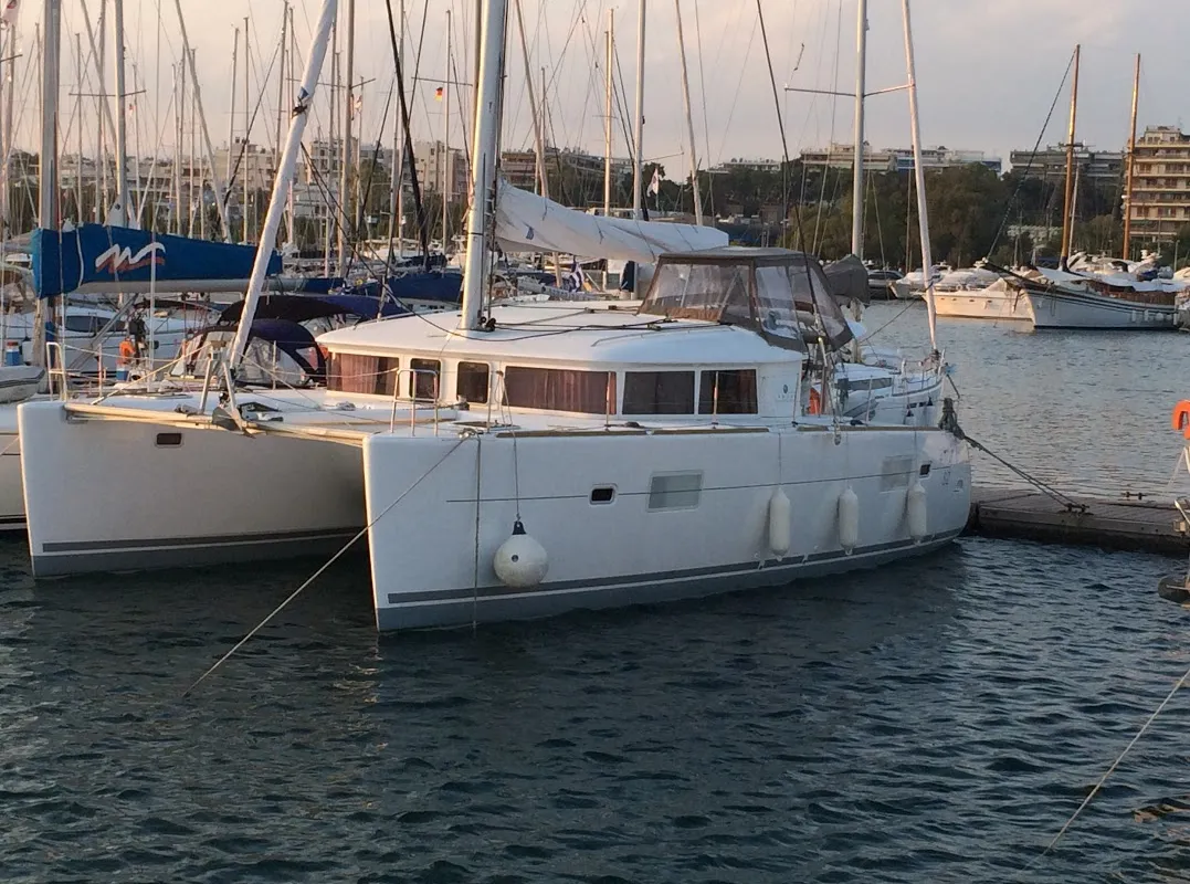 Exterior view of Emerald Seas, a Lagoon 400 S2 catamaran at Lavreotiki Municipal Unit, Greece