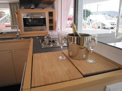 Galley of Emerald Seas, a Lagoon 400 S2 catamaran at Lavreotiki Municipal Unit, Greece