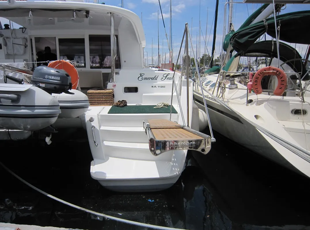 Emerald Seas, a Lagoon 400 S2 catamaran at Lavreotiki Municipal Unit, Greece