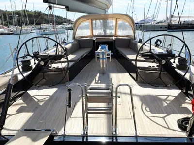 Cockpit of Morfely, a Grand Soleil 58 sailboat at Cagliari, Italy