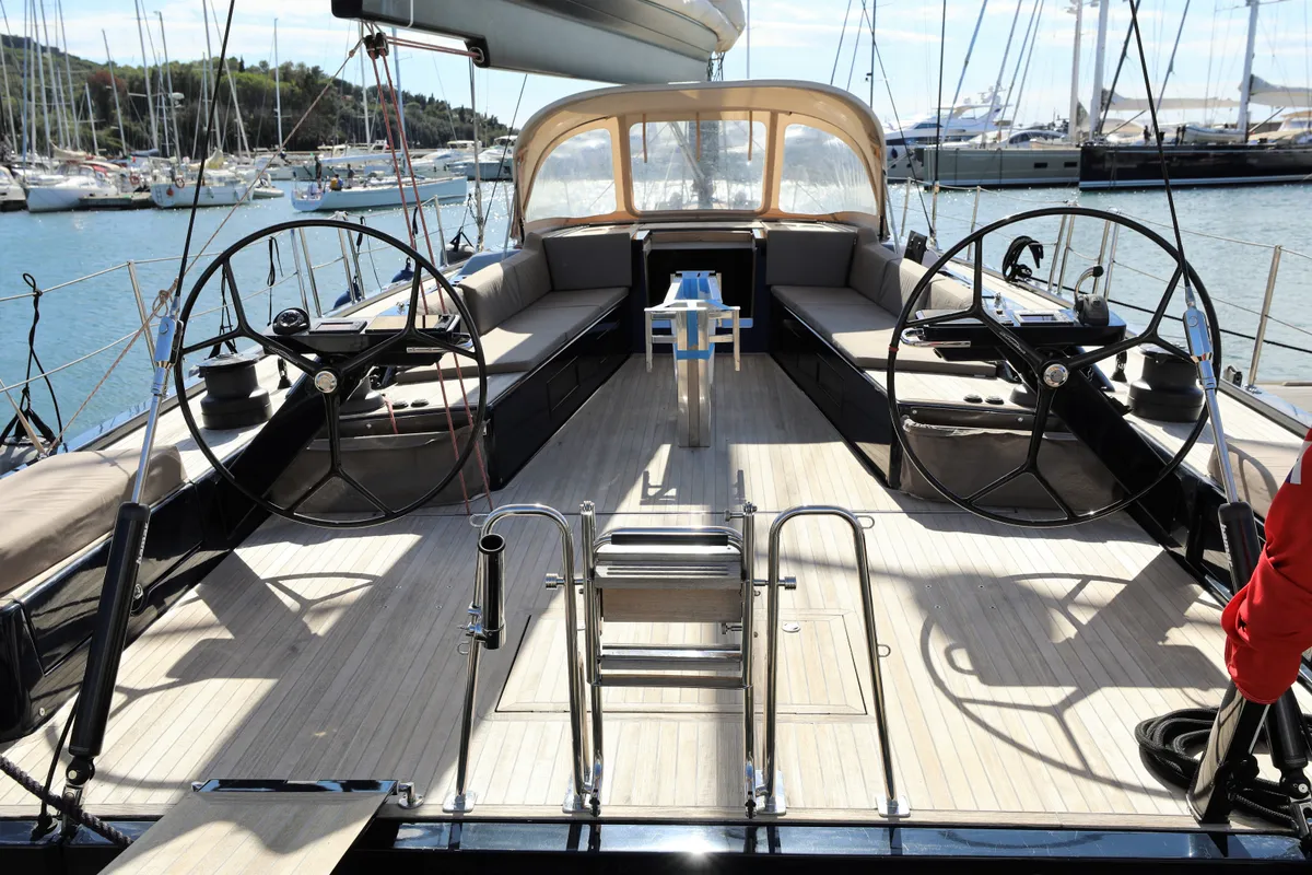 Cockpit of Morfely, a Grand Soleil 58 sailboat at Cagliari, Italy