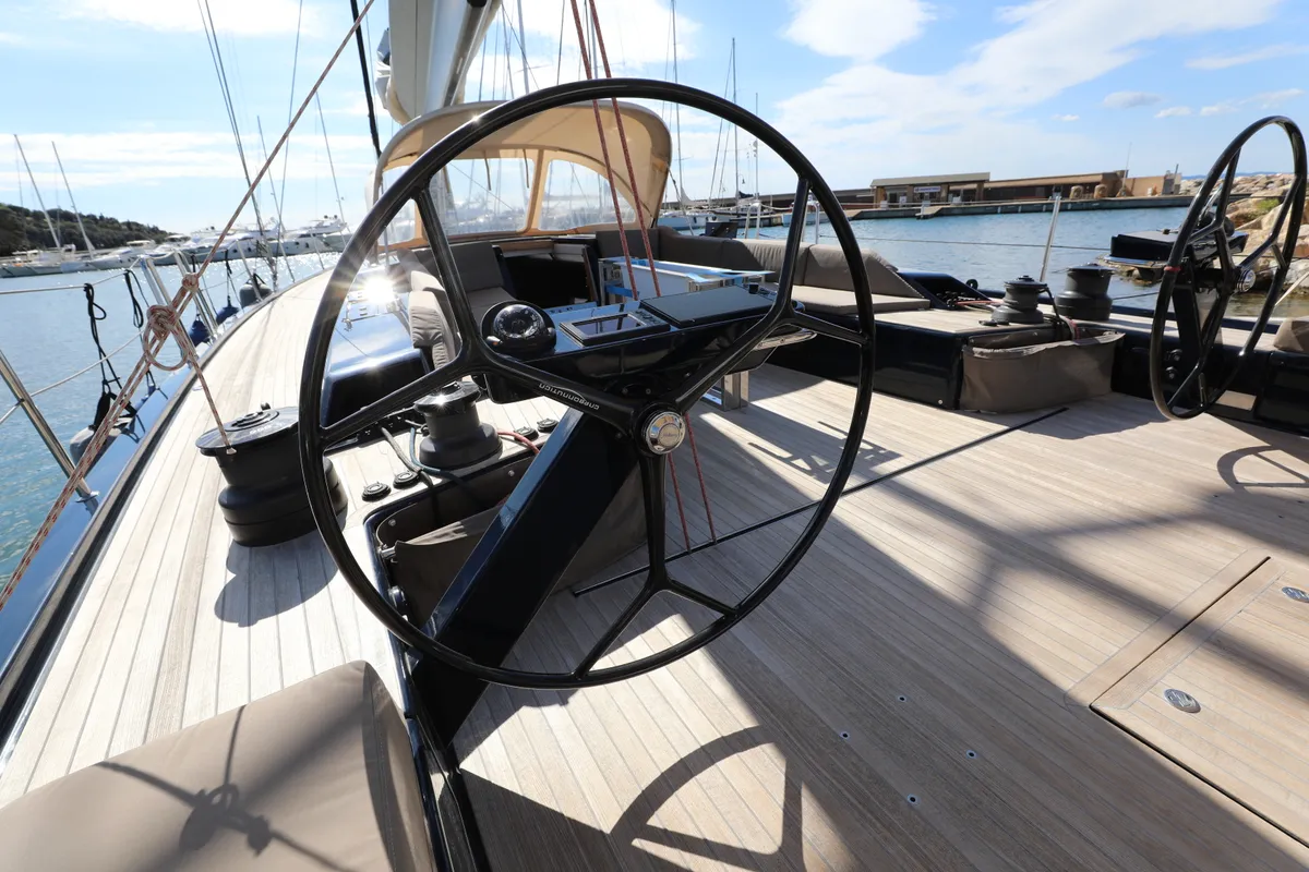 Cockpit of Morfely, a Grand Soleil 58 sailboat at Cagliari, Italy