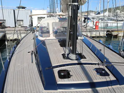 Deck of Morfely, a Grand Soleil 58 sailboat at Cagliari, Italy