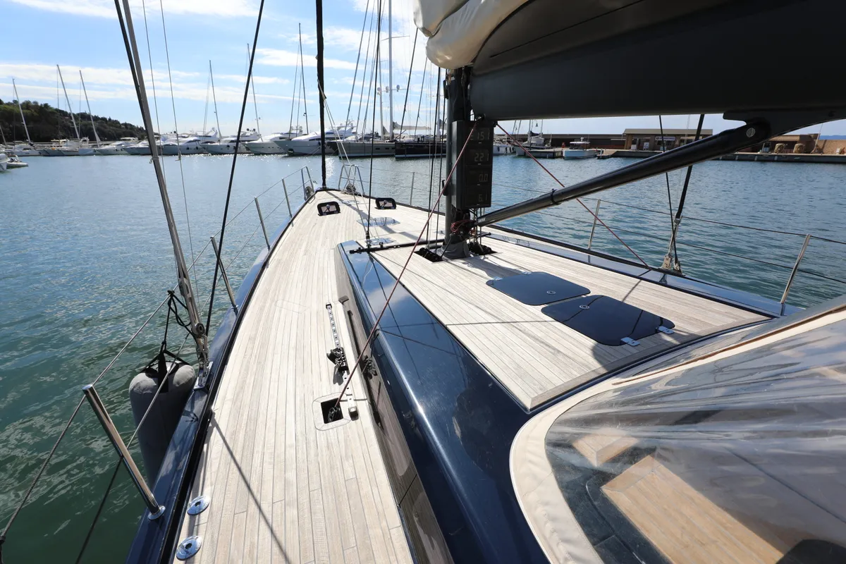 Deck of Morfely, a Grand Soleil 58 sailboat at Cagliari, Italy