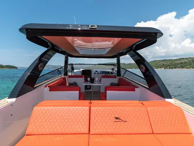 Deck of NN, a Colnago 33 JG motorboat at Grad Trogir, Croatia
