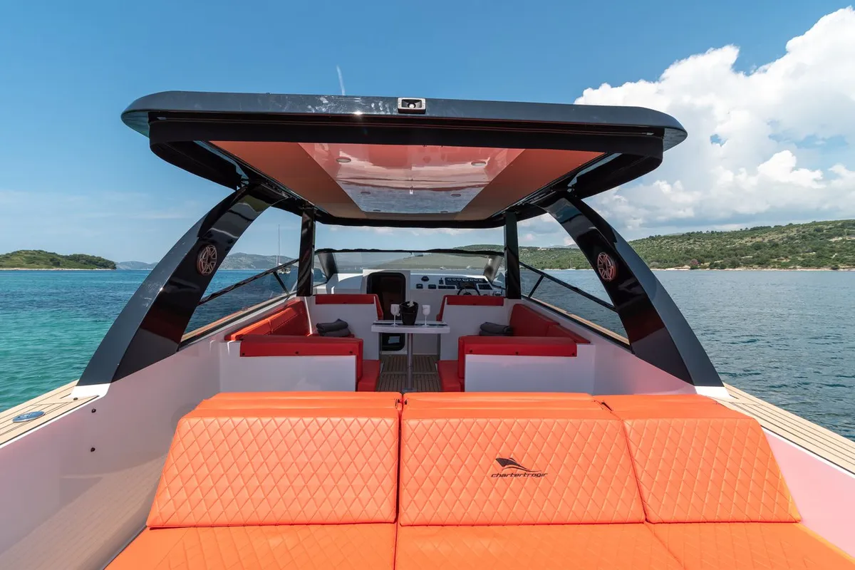 Deck of NN, a Colnago 33 JG motorboat at Grad Trogir, Croatia