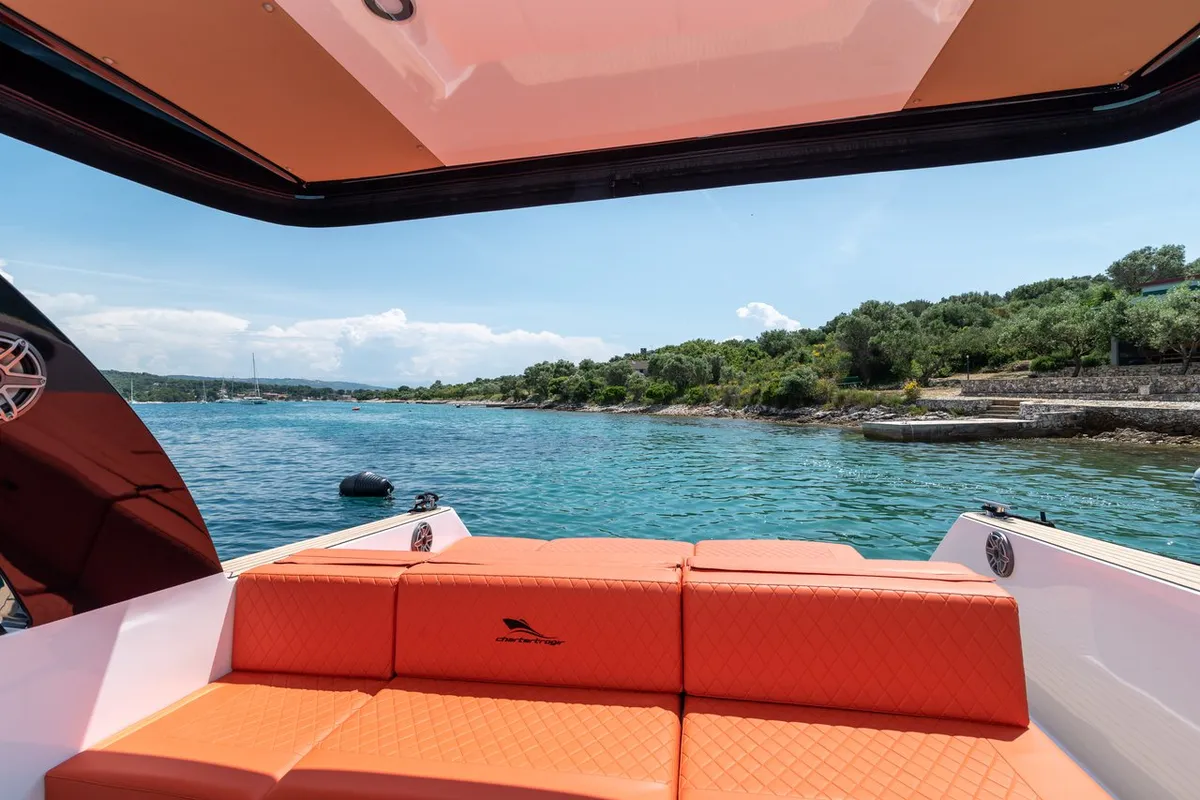 Deck of NN, a Colnago 33 JG motorboat at Grad Trogir, Croatia