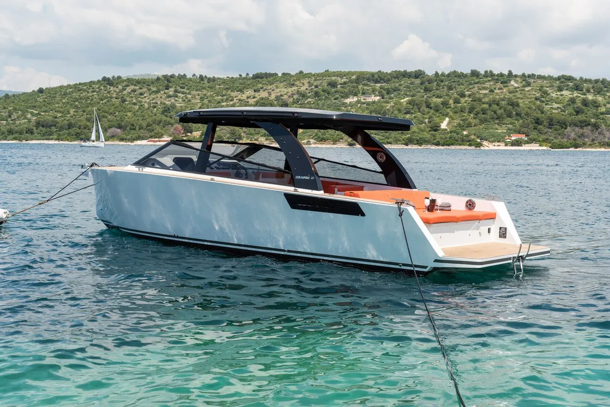 Exterior view of NN, a Colnago 33 JG motorboat at Grad Trogir, Croatia