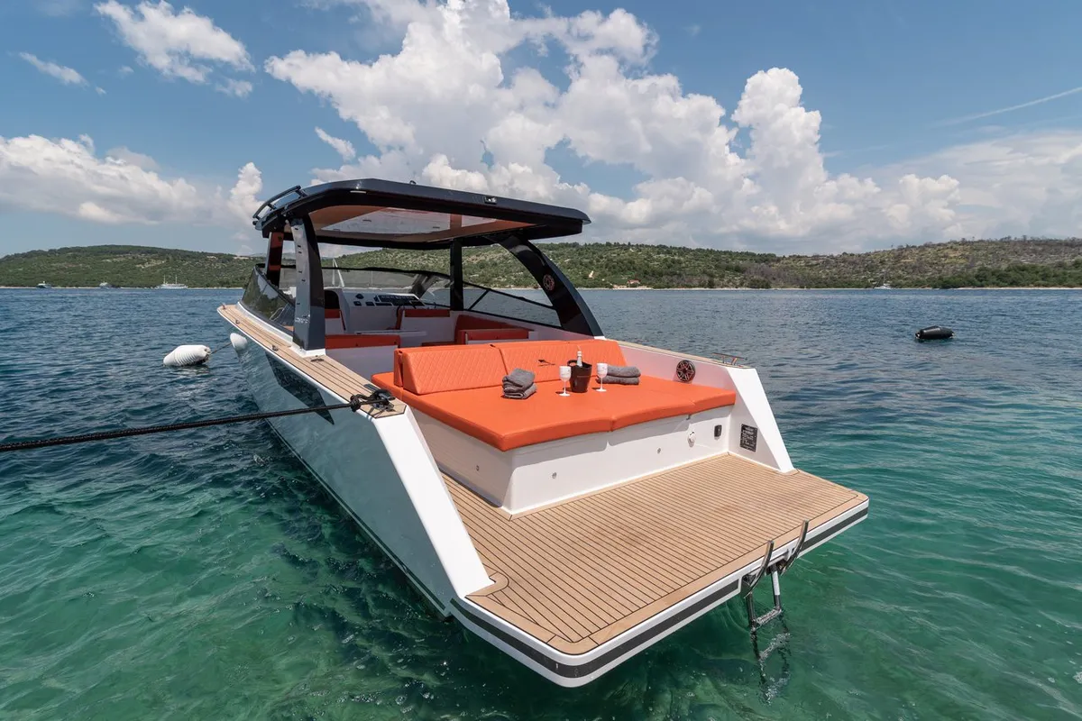 Exterior view of NN, a Colnago 33 JG motorboat at Grad Trogir, Croatia