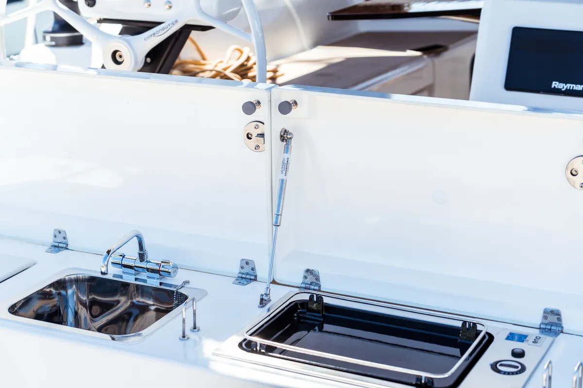 Deck of Barbara, a Dufour 430 sailboat at Olbia, Italy
