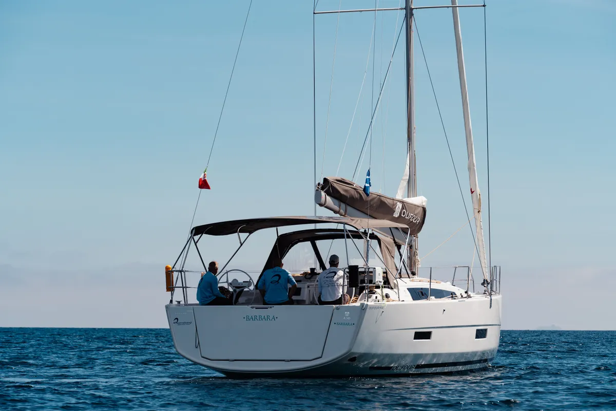 Exterior view of Barbara, a Dufour 430 sailboat at Olbia, Italy