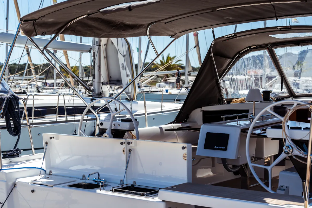 Deck of Barbara, a Dufour 430 sailboat at Olbia, Italy