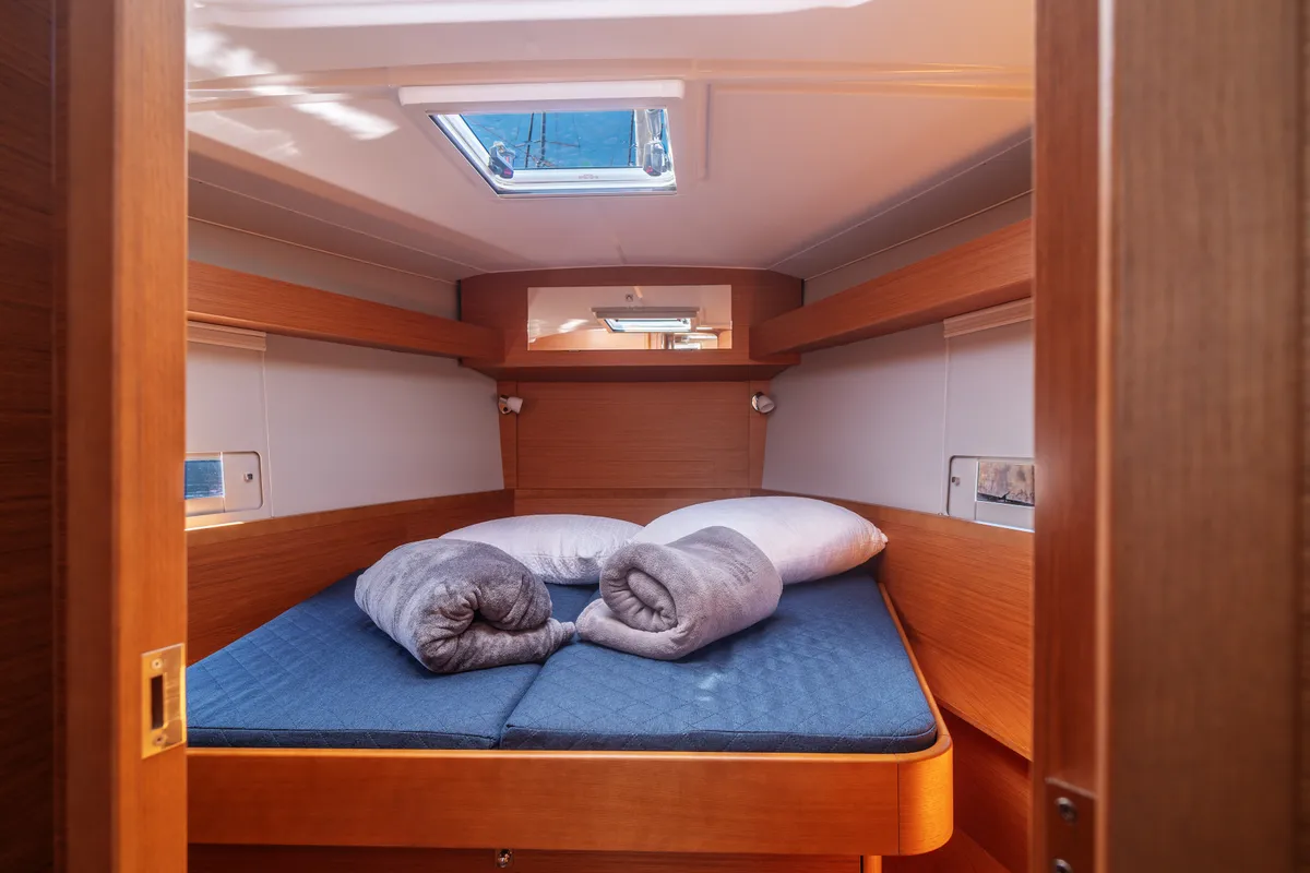 Cabin on Barbara, a Dufour 430 sailboat at Olbia, Italy