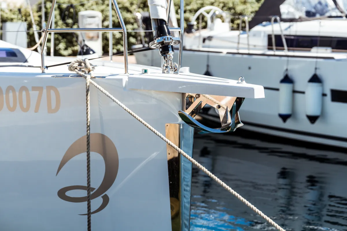 Exterior view of Barbara, a Dufour 430 sailboat at Olbia, Italy