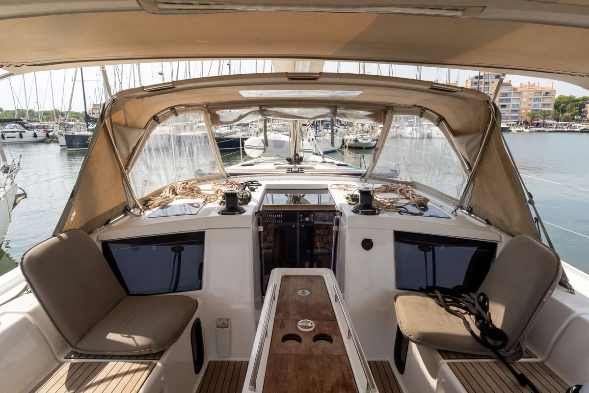 Cockpit of Etosha, a Dufour 430 sailboat at Hyères, France