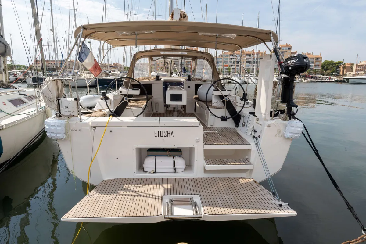 Exterior view of Etosha, a Dufour 430 sailboat at Hyères, France