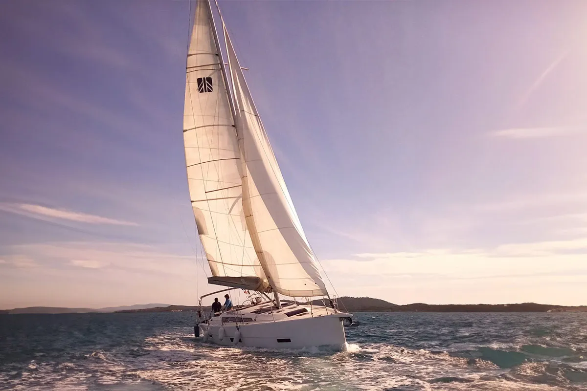Exterior view of Etosha, a Dufour 430 sailboat at Hyères, France