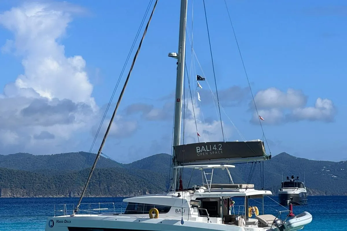 Exterior view of Hard Deck, a Bali 4.2 catamaran at Parham Town, British Virgin Islands