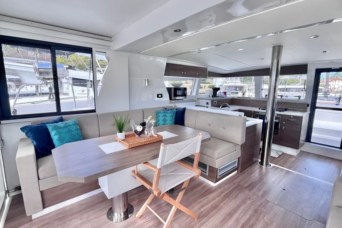 Salon of Hard Deck, a Bali 4.2 catamaran at Parham Town, British Virgin Islands