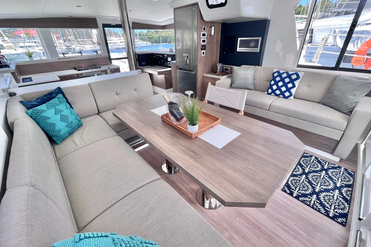 Salon of Hard Deck, a Bali 4.2 catamaran at Parham Town, British Virgin Islands