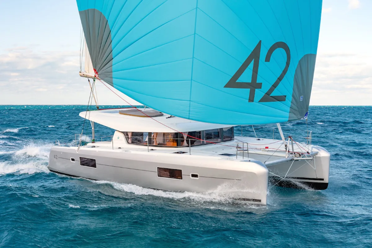 Exterior view of Cucù, a Lagoon 42 catamaran at La Spezia, Italy
