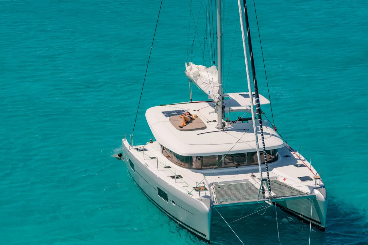 Exterior view of Cucù, a Lagoon 42 catamaran at La Spezia, Italy