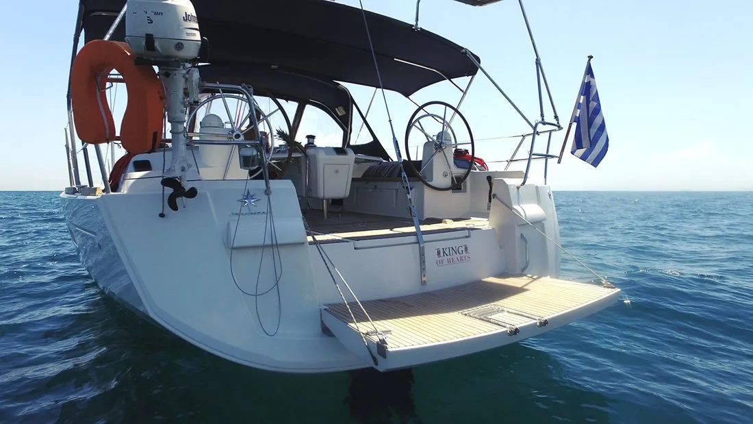 Exterior view of King Of Hearts, a Jeanneau Sun Odyssey 509 sailboat at Athens, Greece