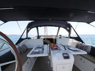 Deck of King Of Hearts, a Jeanneau Sun Odyssey 509 sailboat at Athens, Greece