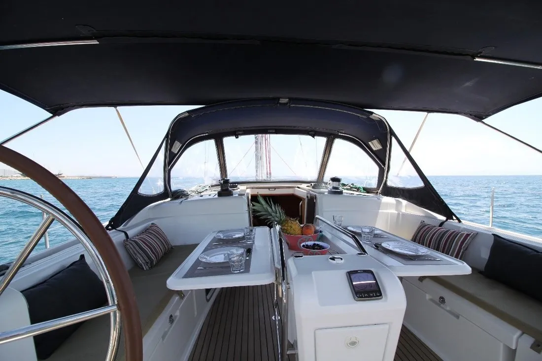 Deck of King Of Hearts, a Jeanneau Sun Odyssey 509 sailboat at Athens, Greece