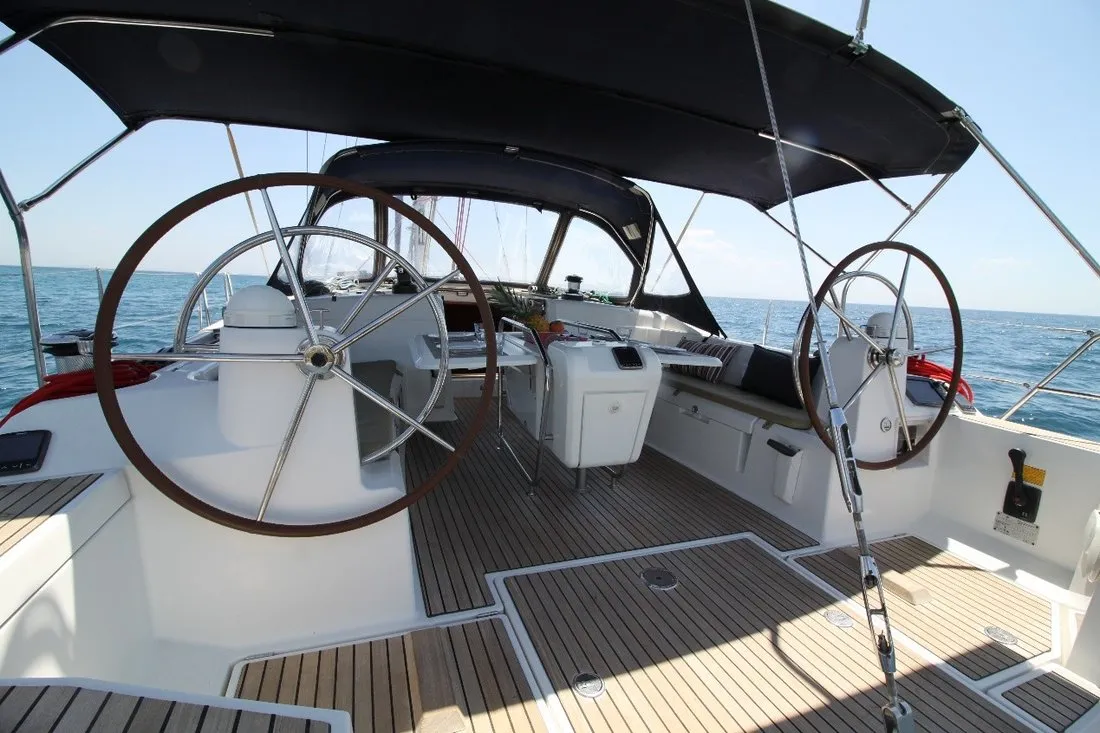 Cockpit of King Of Hearts, a Jeanneau Sun Odyssey 509 sailboat at Athens, Greece