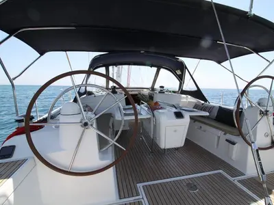 Cockpit of King Of Hearts, a Jeanneau Sun Odyssey 509 sailboat at Athens, Greece