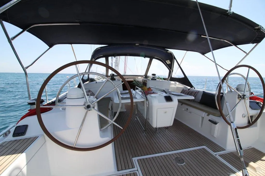 Cockpit of King Of Hearts, a Jeanneau Sun Odyssey 509 sailboat at Athens, Greece