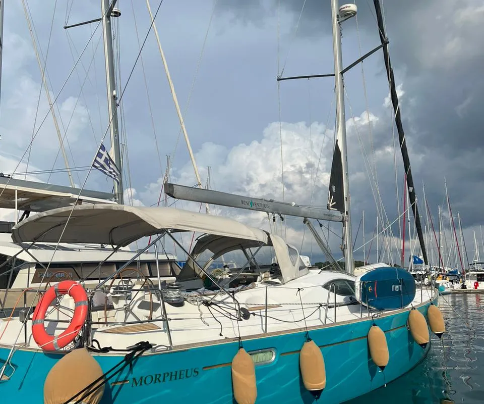 Exterior view of Morpheus, a Jeanneau Sun Odyssey 54DS sailboat at Kontokali, Greece