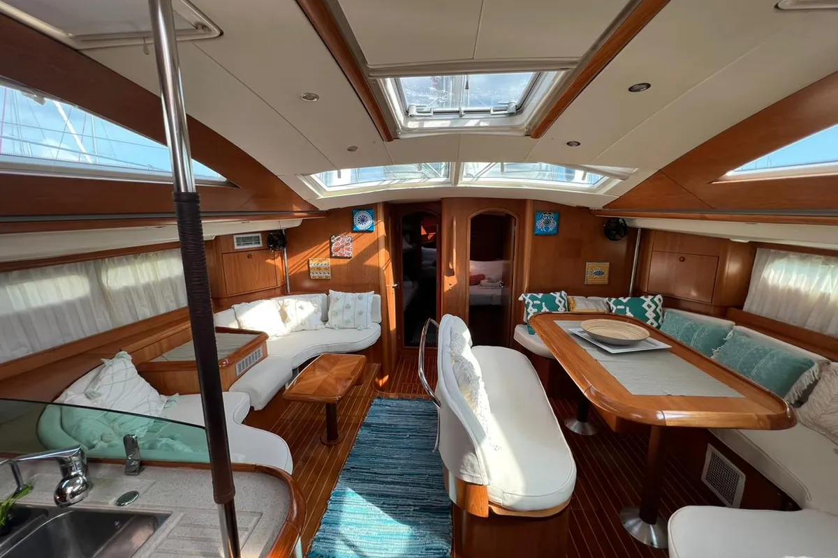 Salon of Morpheus, a Jeanneau Sun Odyssey 54DS sailboat at Kontokali, Greece