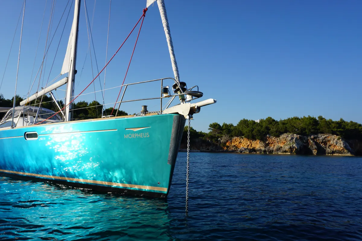 Exterior view of Morpheus, a Jeanneau Sun Odyssey 54DS sailboat at Kontokali, Greece