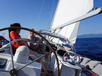 Cockpit of Morpheus, a Jeanneau Sun Odyssey 54DS sailboat at Kontokali, Greece