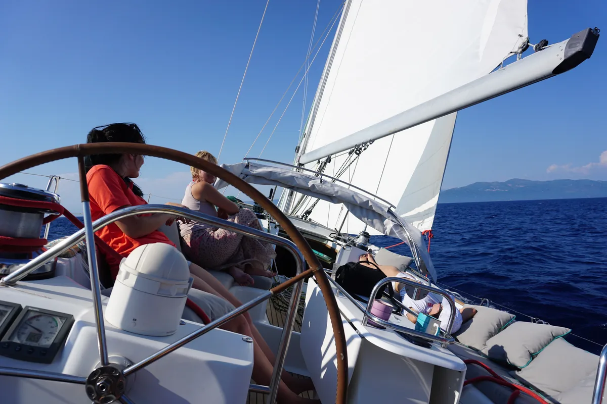 Cockpit of Morpheus, a Jeanneau Sun Odyssey 54DS sailboat at Kontokali, Greece
