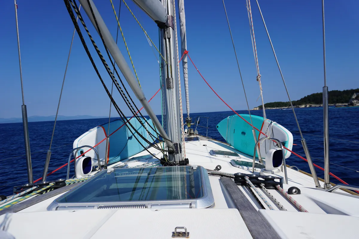 Deck of Morpheus, a Jeanneau Sun Odyssey 54DS sailboat at Kontokali, Greece
