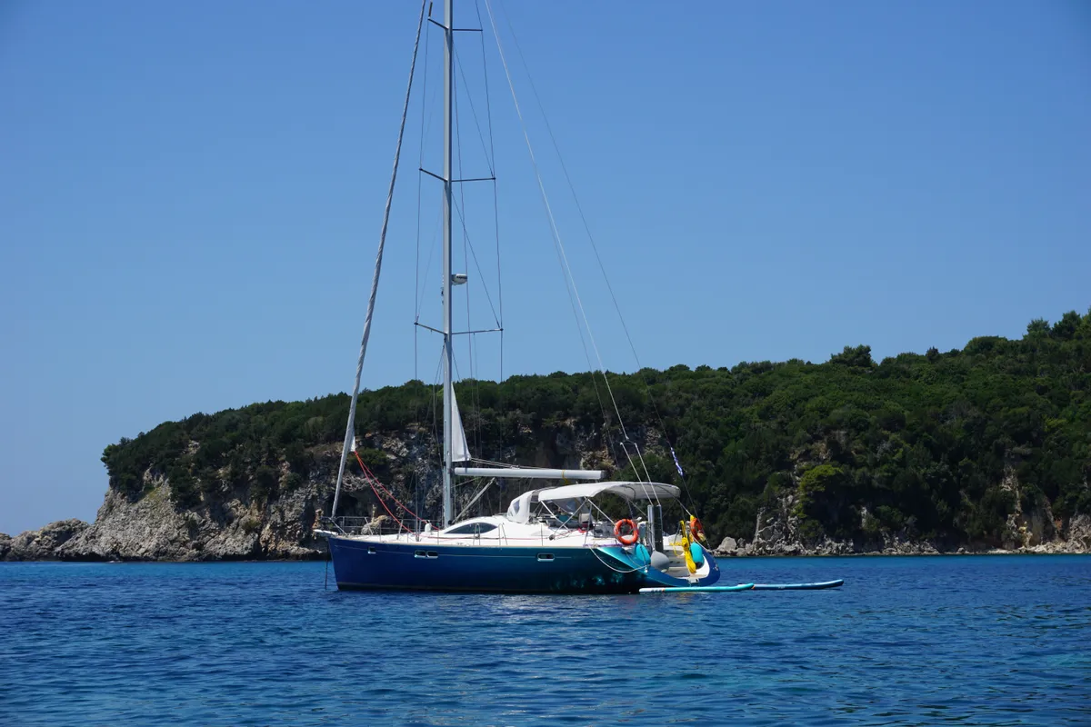 Exterior view of Morpheus, a Jeanneau Sun Odyssey 54DS sailboat at Kontokali, Greece