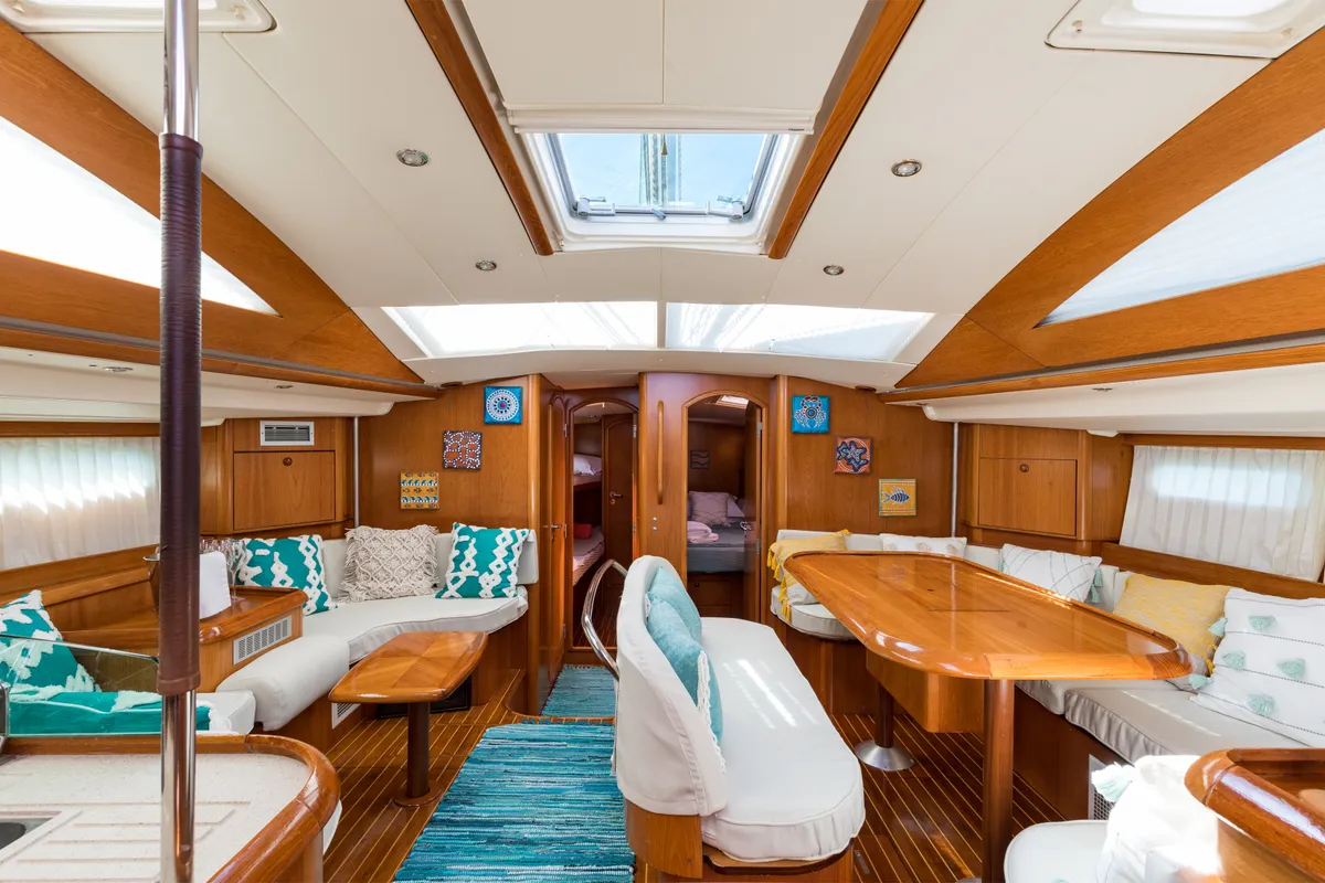 Salon of Morpheus, a Jeanneau Sun Odyssey 54DS sailboat at Kontokali, Greece