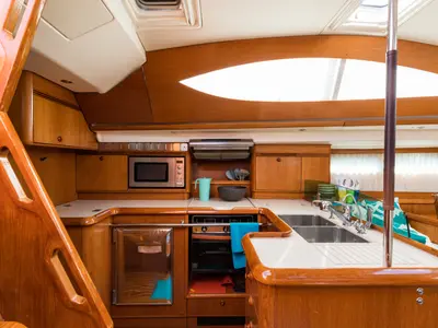 Galley of Morpheus, a Jeanneau Sun Odyssey 54DS sailboat at Kontokali, Greece