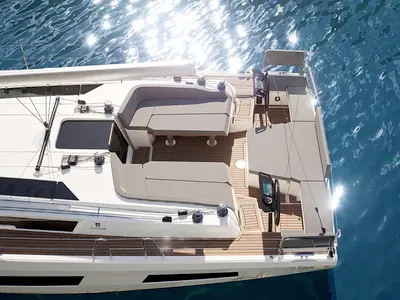 Deck of D48 Luna, a Dufour 48 sailboat at Mytikas, Greece