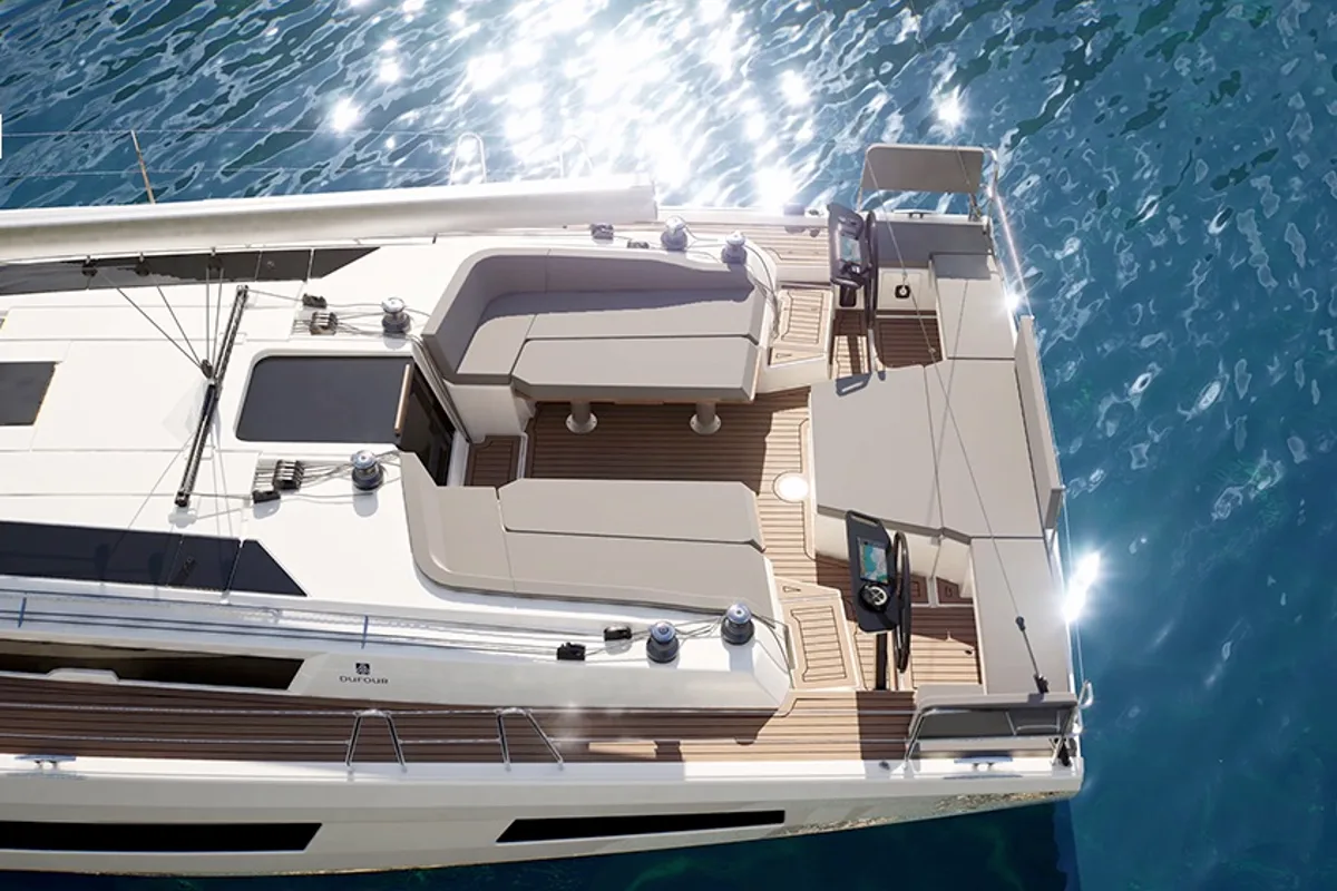 Deck of D48 Luna, a Dufour 48 sailboat at Mytikas, Greece