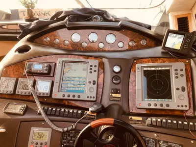 Cockpit of Anita II, a Sunseeker Predator 75 motor yacht at Augusta, Italy