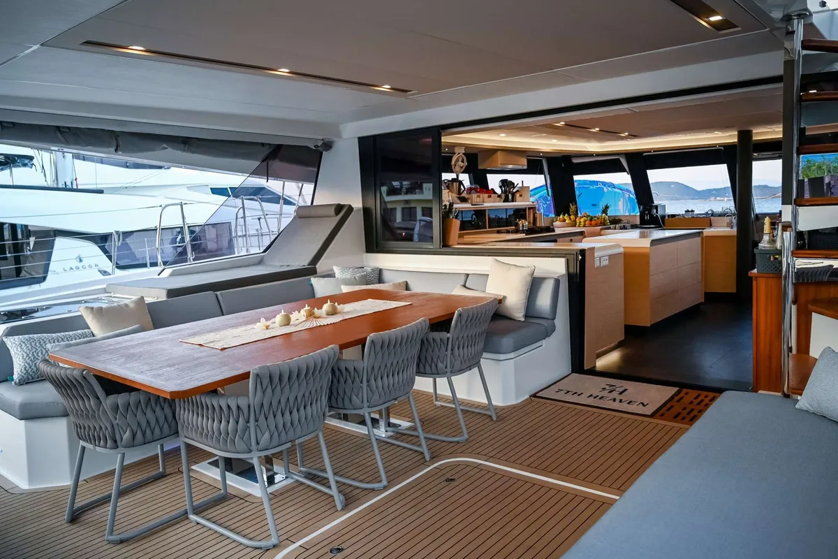 7th Heaven, a Fountaine Pajot Samana 59 catamaran at Piraeus, Greece